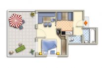 Spacious 1-room apartment with living area to accommodate 2-3 people